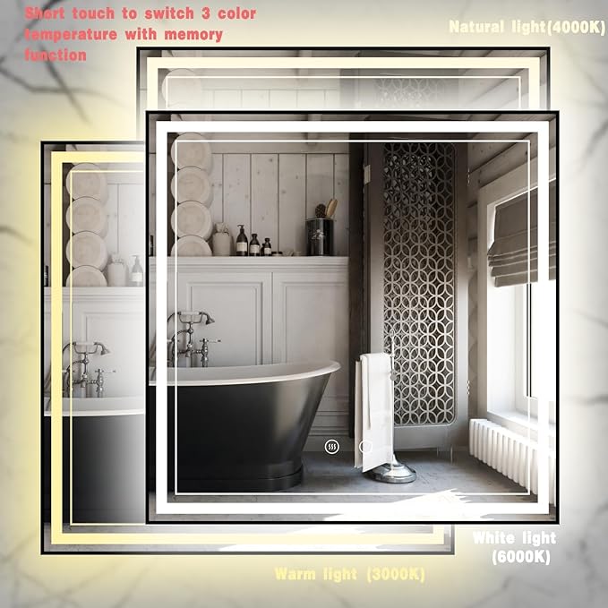 36" x 36" LED Bathroom Mirror with Lights Framed LED Mirror for Bathroom Backlit and Front Lighted Bathroom Mirror Black Square Aluminum Frame Anti-Fog Dimmable Shatter-Proof Memory