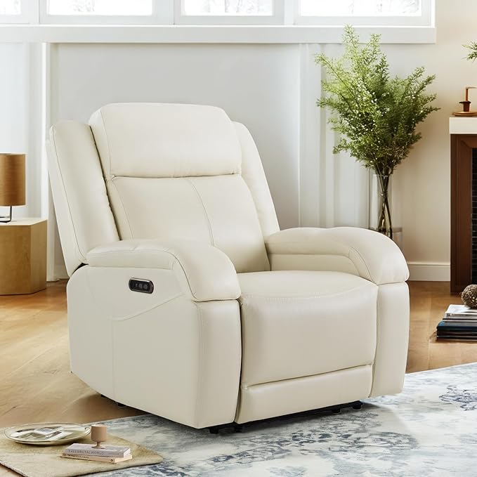 Watson & Whitely Genuine Leather Power Recliner Chairs for Adults, Wall Hugger RV Recliner with Power Headrest & Charging Ports, Electric Recliner Sofa Chair for Living Room, Cream