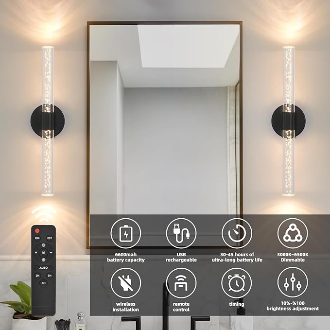 Battery Operated Wall Sconces Set of 2, Black 20'' Rechargeable Crystal Bubble Wall Sconce with Remote Control, 3000K-6000K Dimmable LED Wireless Wall Lights for Living Room Bedroom Bathroom Hallway