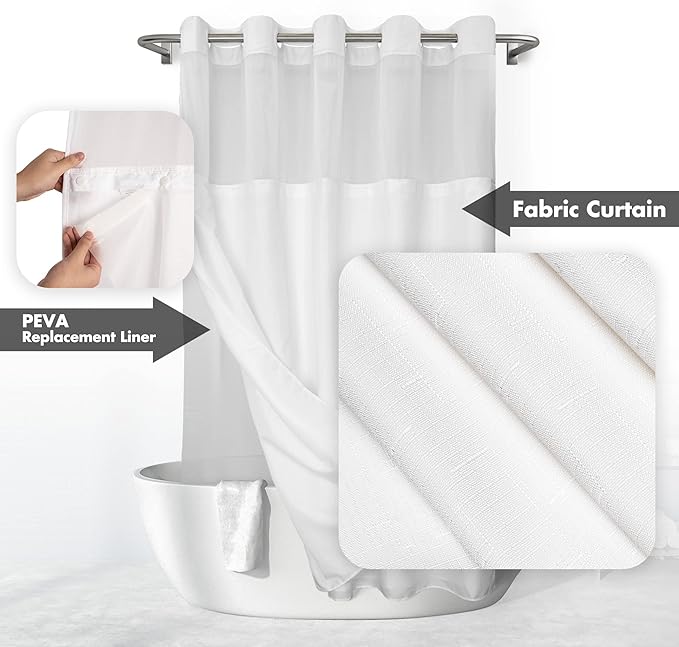 No Hook Slub Textured Shower Curtain with Snap-in PEVA Liner Set - 71" x 74"(72"), Hotel Style with See Through Top Window, Fabric Outer Curtain & Waterproof Inner Liner, White, 71x74