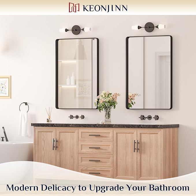 Keonjinn Black Bathroom Mirror for Vanity 24 x 36 Inch Metal Framed Wall Mirror Matte Black Rounded Rectangle Farmhouse Mirror, HD Tempered Glass, Wall-Mounted Decorative Mirror(Horizontal/Vertical)