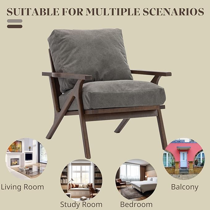 Wahson Mid Century Chair, Upholstered Accent Armchair, with Wood Frame and Canvas Cushions, Leisure Slipper Chair for Living Room/Bedroom, Grey
