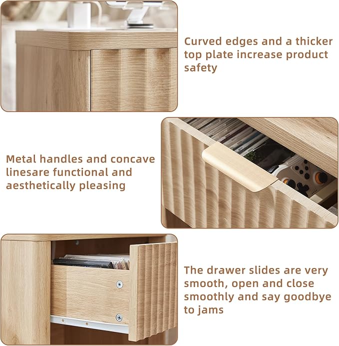 LEYAOYAO Fluted Farmhouse Nightstand Set of 2 with Charging Station, 23" Wide 1 Drawers Night Stand,Natural Dresser for Bedroom,Bed Side Table Chest of Drawers,Wood End Table for Living Room