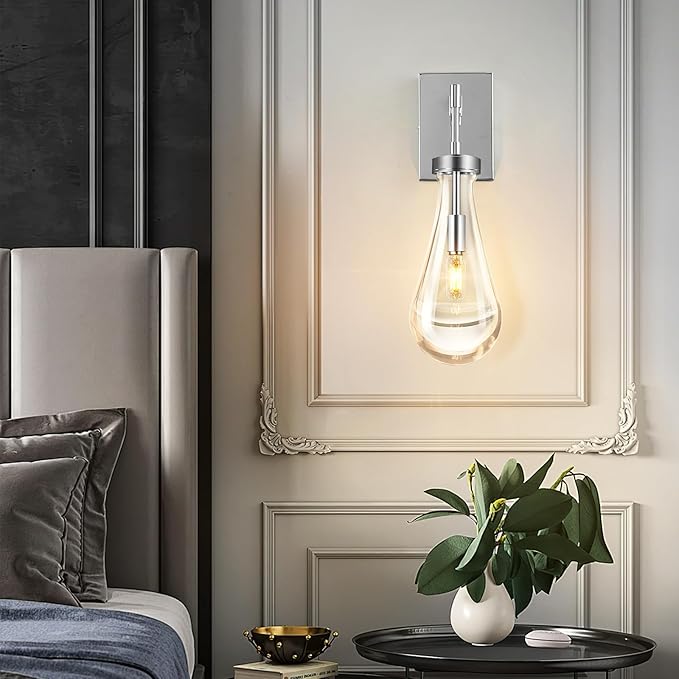 Raindrop Wall Sconces Set of Two Chrome Sconces Wall Decor Modern Brass Wall Lighting Glass Bathroom Sconces Indoor Vanity Light Wall Lamp for Bedroom Living Room Stair