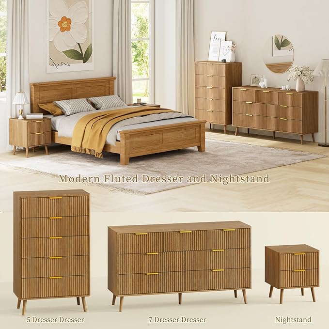 LYNSOM 55" Wide Fluted Dresser for Bedroom with 7 Drawer, Modern Chest of Drawers with Curved Profile Design and Metal Handles, Wood Dresser TV Stand & Storage Organizer for Living Room, Natural Oak