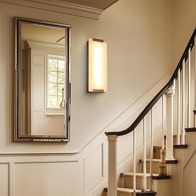 14.2in Alabaster Wall Sconce, Large Natural Marble Wall Light Decor, LED Modern Wall Lamp for Bedroom, Stairs, Living Room, Vanity, Bedside, Hallway （Brushed Bronze 12W）