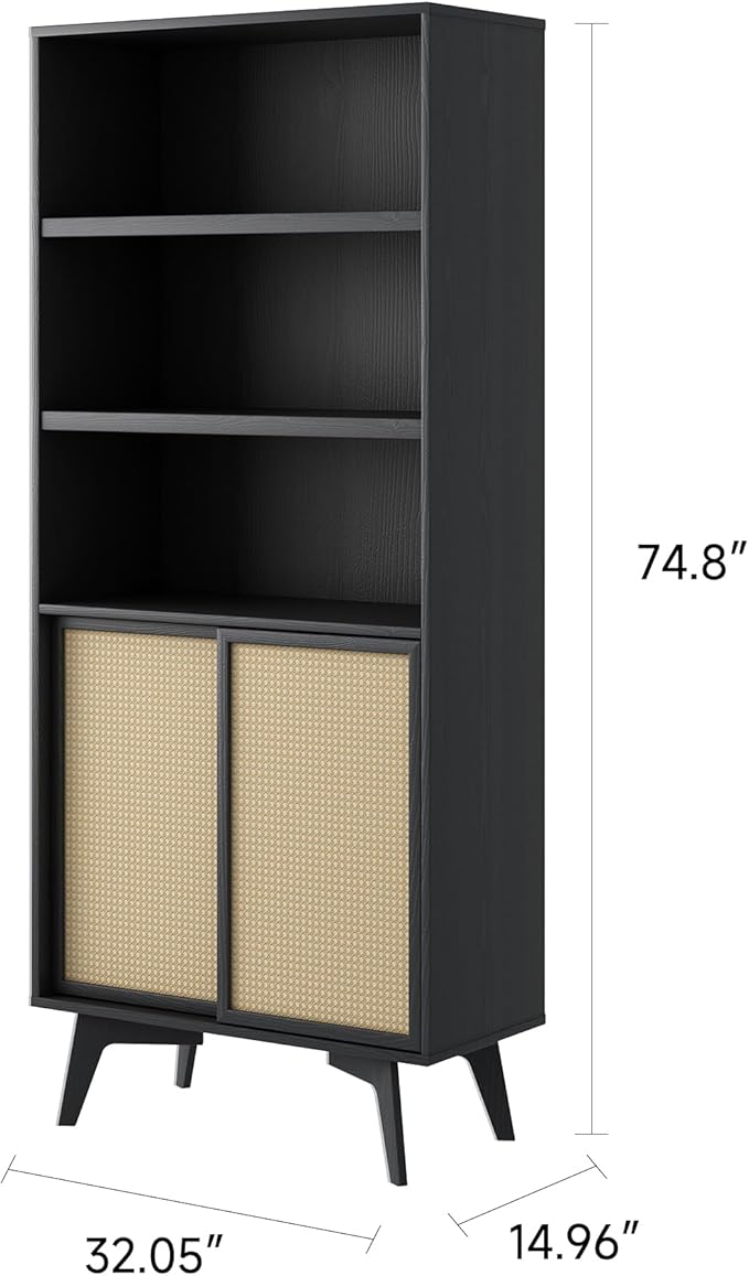 MUSEHOMEINC 5-Tier Tall Bookcase with Sliding Rattan Doors, Black Wooden Bookshelf with Storage, Farmhouse Office Bookshelves for Living Room,Office, Bedroom
