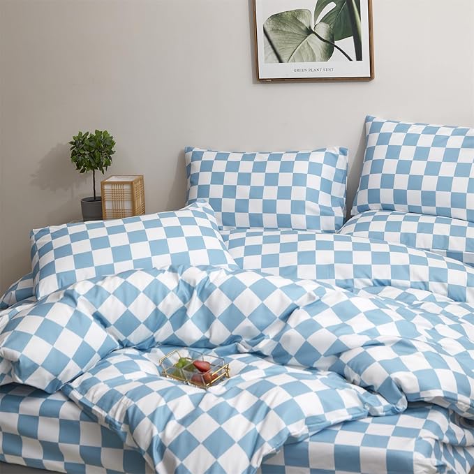 CLOTHKNOW Light Blue White Plaid Queen Comforter Set 3Pcs Grid Bedding Comforter Sets All Season Light Blue Comforter Checker Queen Size Comforter Sets