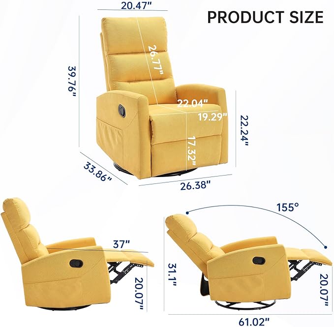360° Swivel Recliner Chairs for Small Spaces, A Recliner with Side Pockets, Small Rocker Recliner for Living Room, Bedroom, Orange-Yellow Recliner Chair for Adults