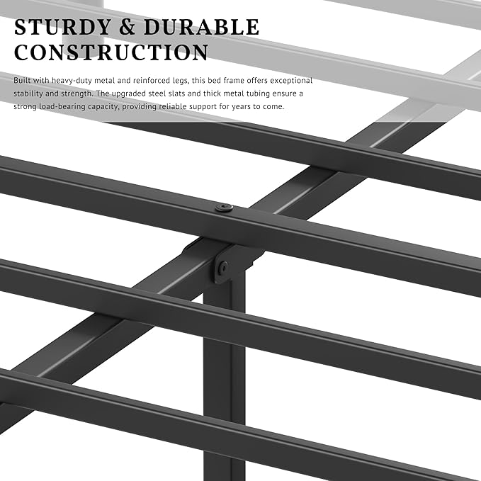 ZIYOO 14 inch Full Bed Frames with Mattress Slide Stopper, Vintage Style, 1500LBS Heavy Duty Steel Slats, Prevent Mattress from Sliding, No Box Spring Needed, Platform Noise-Free