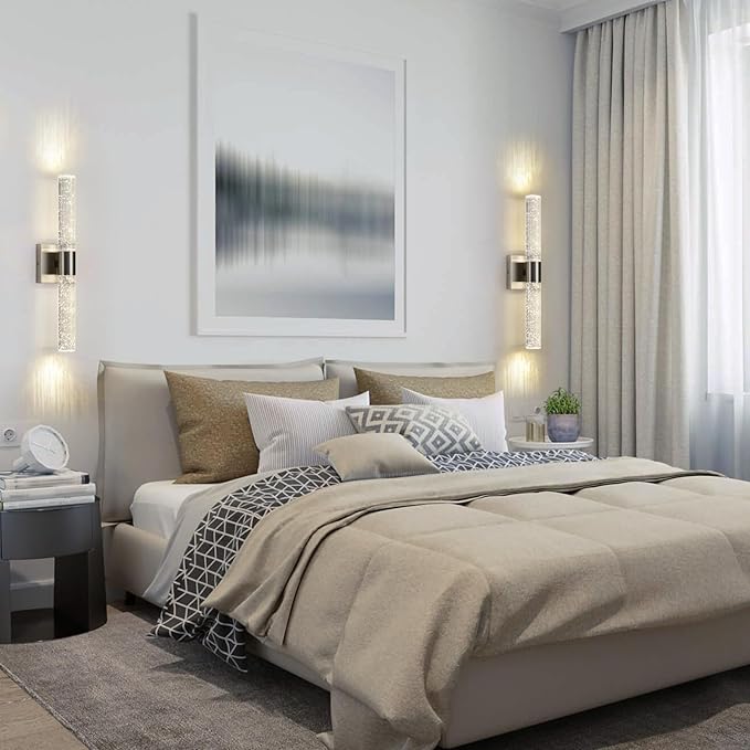 Modern LED Wall Sconces Set of Two - 4000K Dimmable Crystal Bathroom Sconces Wall Lighting Indoor Brushed Nickel Vanity Light Fixture Wall Mount Wall Lights for Bedroom Living Room,18 Inch