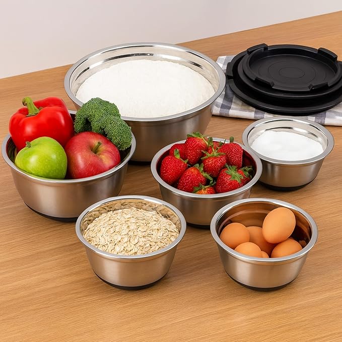 Mixing Bowls With Lids Set, Large Thicker Stainless Steel Stackable Mixing Bowl Set, 0.4/1.5/2/2.5/3.5/4 Qrt, Black