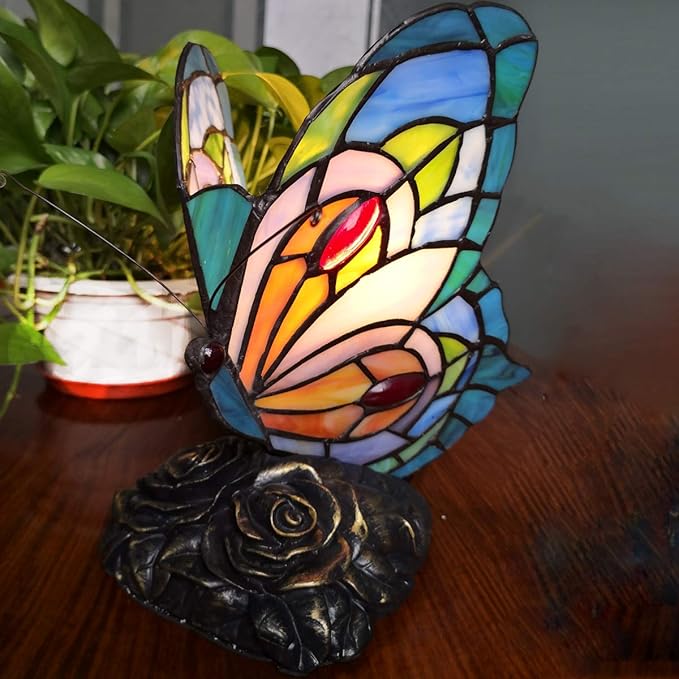 Bedside Table Lamp LED Tiffany Blue Fairy Butterfly Nightstand Table Lamps Stained Glass Shade ON Off Switch Home Office Desk Lamp Night Light Girl Grandma Mothers Day Gifts W/Gift Box