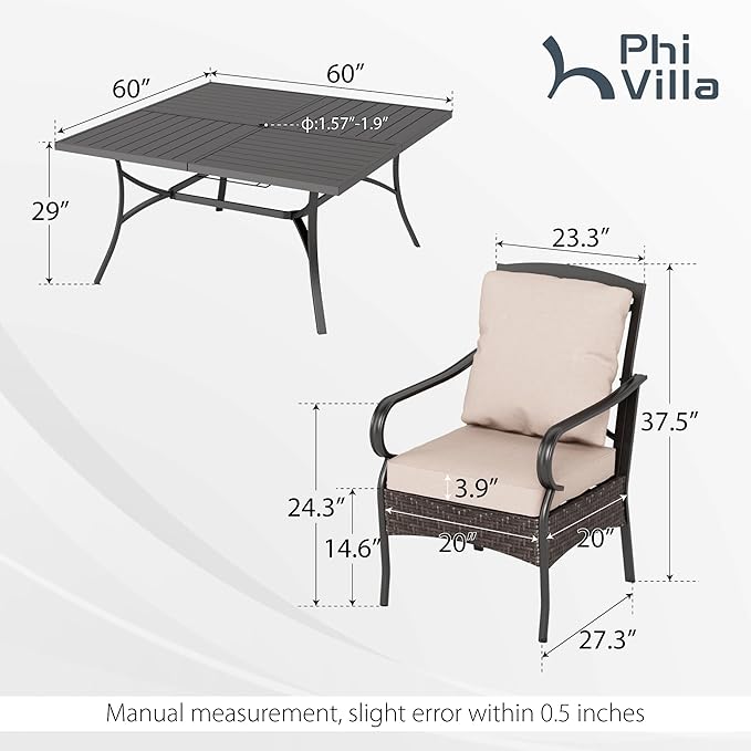 PHI VILLA 9 PCS Outdoor Dining Sets, 60x60 All-Weather Patio Table and Chairs Set for 8, Heavy Duty Patio Table Set Square for Deck, 8 Extra Large Outdoor Stationary Dining Chairs with Thick Cushions