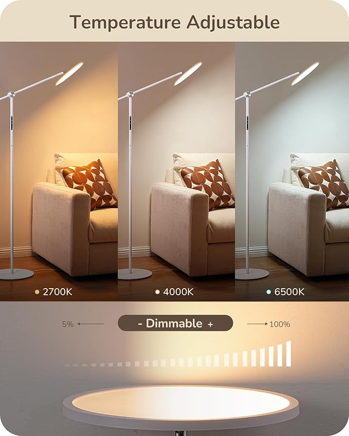 EDISHINE LED Reading Floor Lamp, 1600LM Bright Dimmable Lamp with Type-C Port, Flexible Head & Arm Tall Standing Lamps for Living Room, 3000K-6000K Modern Minimalist Lights for Bedroom, Office, White