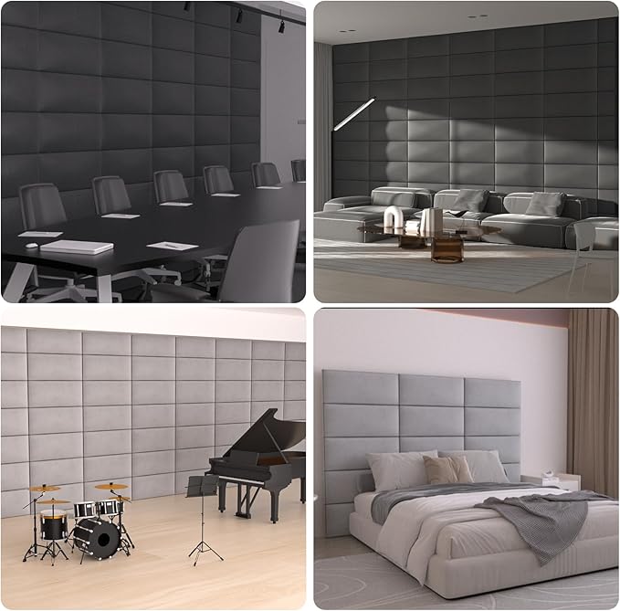 Upholstered Wall Mounted Headboard, 3D Soundproof Panels Peel and Stick for King Size, Adjustable Bed, Tufted, Light Grey (12 Panels, 10" x 24")