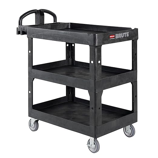 Rubbermaid Commercial Brute 3-Shelf Heavy-Duty Utility/Service Cart, Medium, High Storage, Lipped Shelves, Ergonomic Handle, 600 lb. Capacity, Ideal for Warehouse/Garage/Cleaning/Maintenance/Office