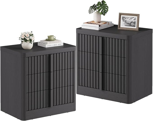 Fluted Nightstand Set of 2 with Charging Station, 23.6" Wood Bedside Table with Solid Wood Handle, Mid Century Moden End Table, 3 Drawer Dresser for Bedroom, Living Room, Black