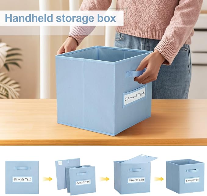 artsdi 11x11 storage cube bins (Set of 10) Foldable Fabric storage cubes with 10 Labels Window Cards & a Pen,11 inch cube storage bin,Closet Organizers for Shelves,Cubby Organizer Boxes,Pastel Blue