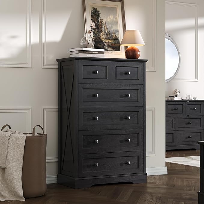 Farmhouse 6 Drawers Dresser Chests for Bedroom, Tall Black 6 Chest of Drawers, Wood Dressers Organizer for Closet, Modern Storage Organizer Cabinet for Bedroom,Living Room,Hallway & Entryway