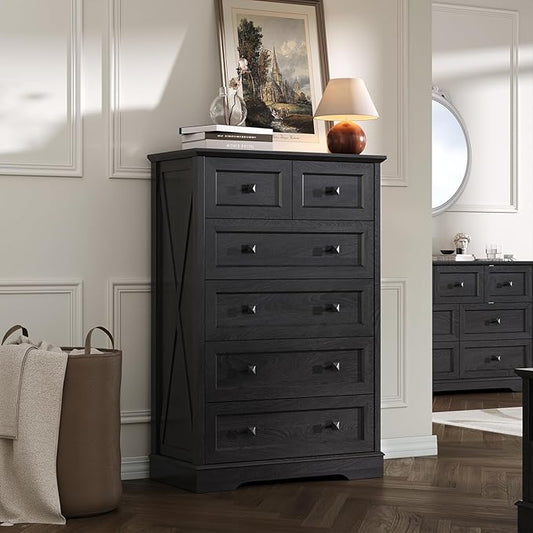Farmhouse 6 Drawers Dresser Chests for Bedroom, Tall Black 6 Chest of Drawers, Wood Dressers Organizer for Closet, Modern Storage Organizer Cabinet for Bedroom,Living Room,Hallway & Entryway