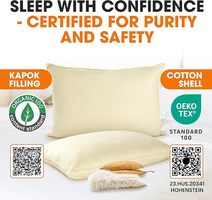 Cheer Collection Set of 2 Organic Kapok Bed Pillows, Natural Kapok Fiber Filled Sleeping Pillows with Breathable Cotton Shell, Standard Size, 20 x 28 inches