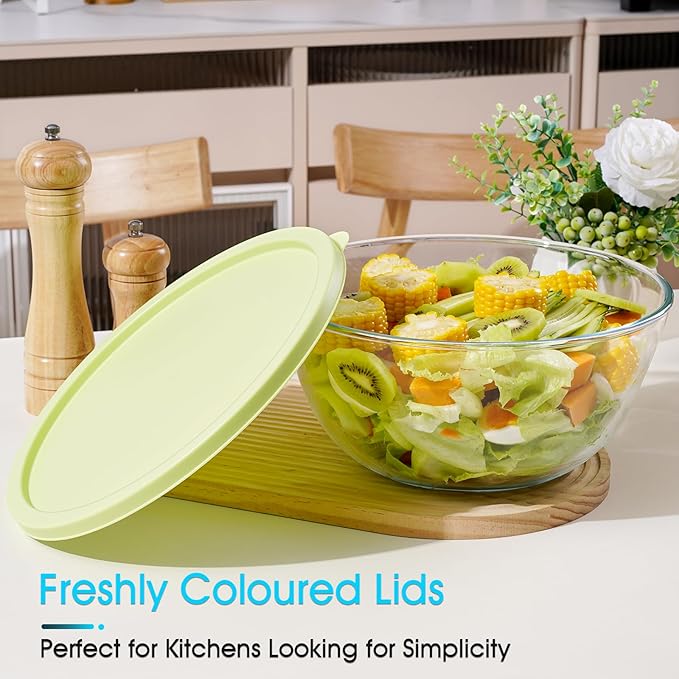 NUTRIUPS 4.7 Quart Large Glass Mixing Bowl with Lid, Deep Big Glass Bowl Large Salad Bowl (Spring Pine Green)
