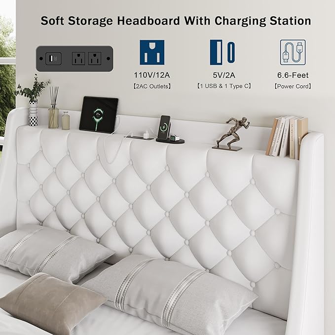 Queen Bed Frame with 4 Storage Drawers, Huge Upholstered Wingback Headboard, Fast Charging Station, No Box Spring Needed, Noise-Free, White