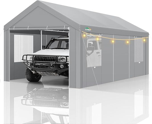 COBIZI Carport Canopy 12x20 Heavy Duty Portable Garage with Removable Sidewalls & Doors, Galvanized Frame Car Port Canopy Tent Waterproof with Built-in Sandbags for Car Boat Truck, Gray