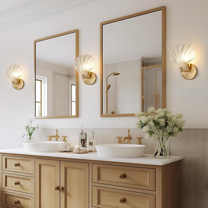 2 Pack Gold Glass Wall Sconces Crystal Wall Light with Clear Shell Shaped Glass Shades, Mid Century Gold Vanity Light Brass Bathroom Light Fixtures Beside The Mirror for Bedroom Porch Indoor