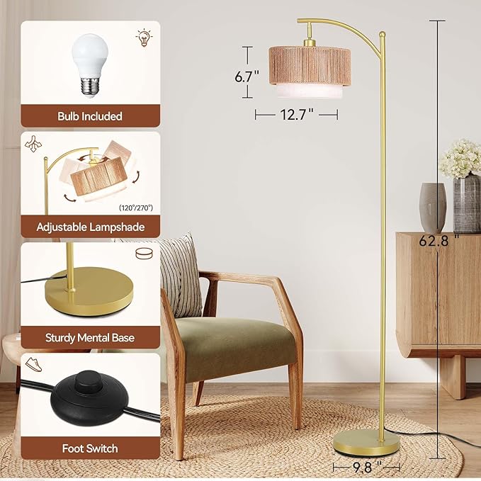 SUNMORY Floor Lamps for Living Room with 12W LED Bulb, Arc Floor Lamp with 3 Color Temperatures, Farmhouse Floor Lamps with Adjustable Rattan & Fabric Shades, Boho Standing Lamp for Bedroom, Corner