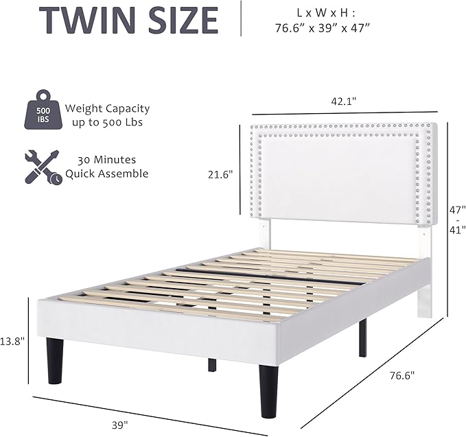 VECELO Twin Size Platform Bed Frame with Adjustable Upholstered Headboard, Strong Wood Slat Support, No Box Spring Needed, Easy Assembly