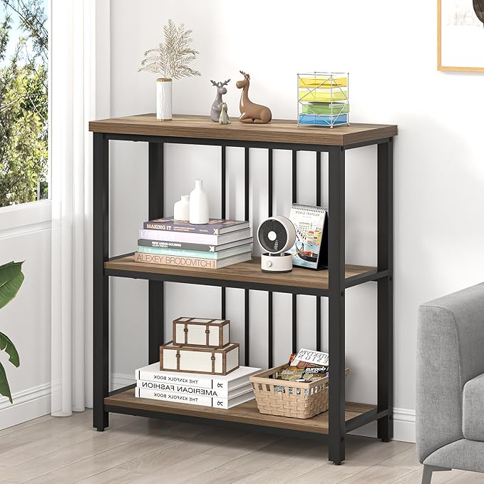 FOLUBAN Small Bookshelf and Bookcase, 3 Tier Open Book Shelf, Modern Metal and Wood Shelving Unit for Living Room Bedroom, Oak