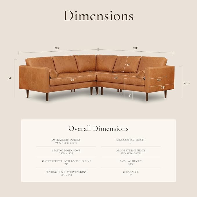 POLY & BARK Napa Leather Corner Sectional Sofa in Full-Grain Pure-Aniline Italian Tanned Leather in Cognac Tan