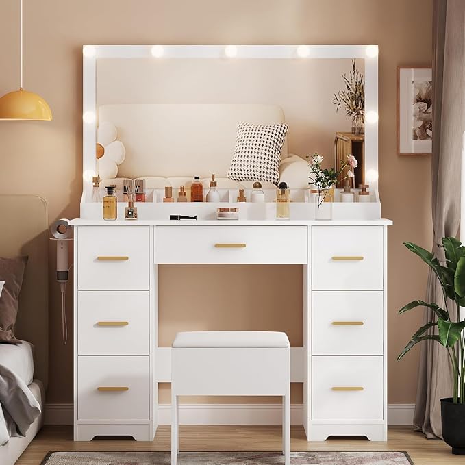 Vanity Desk with 38" Large Mirror and 9 LED Lights & Glass Top and Power Outlet, Adults Makeup Vanity with Chair and 7 Storage Drawers, Dressing Table Set for Bedroom, Modern White