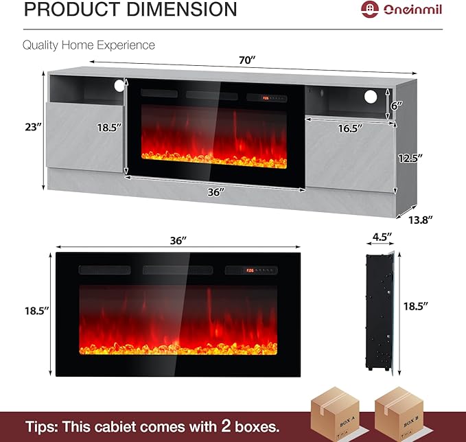 oneinmil 70” TV Stand with 36” Electric Fireplace, Large Modern Media Entertainment Center with Storage Cabinet and 12 Colors LED Lights for TVs Up to 80", Gray TV Stand and Black Fireplace