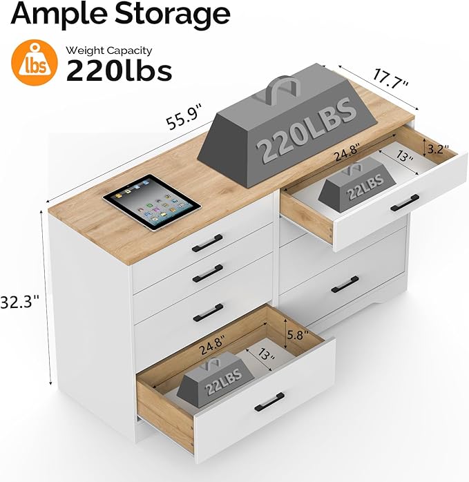 VINGLI 8 Drawer Dresser 56" Long Dresser White, Wood Dresser for Bedroom, Wood Dresser Chest of Drawers, Storage Dresser Cabinet, Modern Dresser, Large Dresser, Nursery Dresser, Brown Top