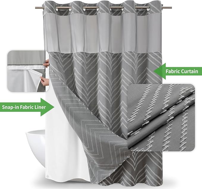 Extra Long Grey No Hook Shower Curtain with Snap-in Liner Set,Boho White Woven Fabric Tufted Chevron Striped Design,Modern Chic Minimalist Bathroom Curtain,71x86