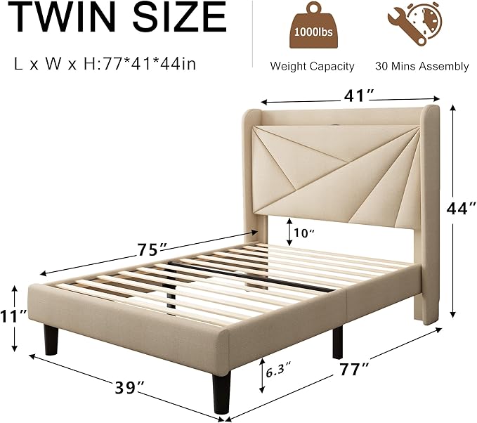 Twin Size Upholstered Bed Frame with Charging Station, Platform Bed Frame with Storage Headboard, Solid Wood Slats Support, No Box Spring Needed, Beige