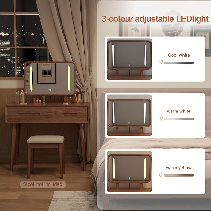 KungFuWood Soild Wood Makeup Vanity Desk with Light Mirror, Dressing Table Wooden 3 LED Lighting Modes Adjustable,3 Drawers Dresser Make up Table Height-Adjustable Mirror, for Bedroom (with Adapter)