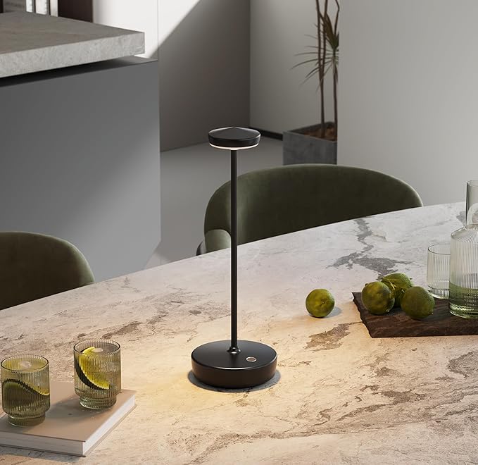 Cordless Table Lamp Rechargeable - LED Battery Table Light with 3 Color Temperatures, Stepless Dimming, Waterproof Aluminum for Indoor Outdoor, Patio, Restaurant, Dinner (Black)