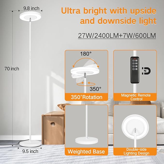 OUTON LED Torchiere Floor Lamp, Super Bright Dimmable Tall Standing Lamp with Remote Touch Control, 4 Color Temperatures, 1-Hour Timer for Living Room, Bedroom, Office (Matte White)