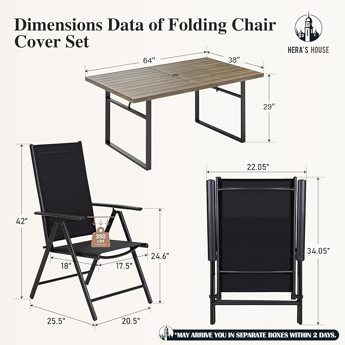 HERA'S HOUSE 7-Piece Outdoor Dining Set for 6, 64" Weather-Resistant Metal Patio Table with 6 Foldable Black Chairs, Perfect for Garden, Backyard, Porch & Lawn (Space-Saving Design)