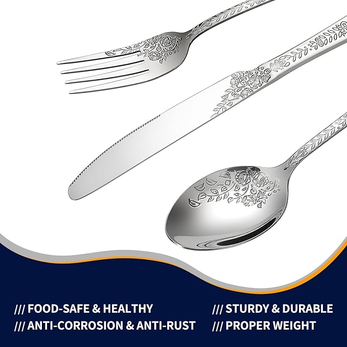 Floral 20 Pcs Silverware Set for 4, Food Grade Stainless Steel Flatware Set with Rose Flower Embossed Design, Eating Utensils Sets Include Fork/Knife/Spoon, Reusable Cutlery Set, Dishwasher Safe