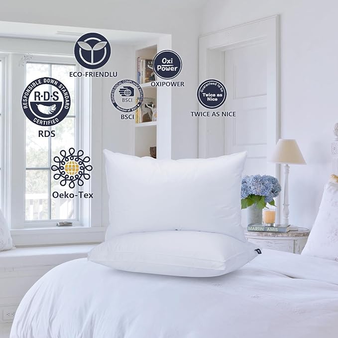 Down Pillows King Size Set of 2 - Goose Down & Feather Blend 600 Fill Power, 100% Cotton Cover, Hypoallergenic, Hotel Quality Luxury Pillows