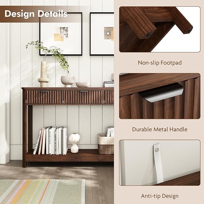 Fluted Console Table with Drawers, Modern 47.1" Entryway Table with Storage Shelf, Boho Narrow Skinny Behind Couch Wood Sofa Table for Living Room Hallway Entrance Foyer,Walnut