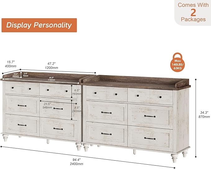 WAMPAT Wood Dresser Set of 2, Mid Century Modern Chest of Drawers, Wide Kids Dressers with 6 Drawers for Bedroom Living Room Entryway;Rustic White