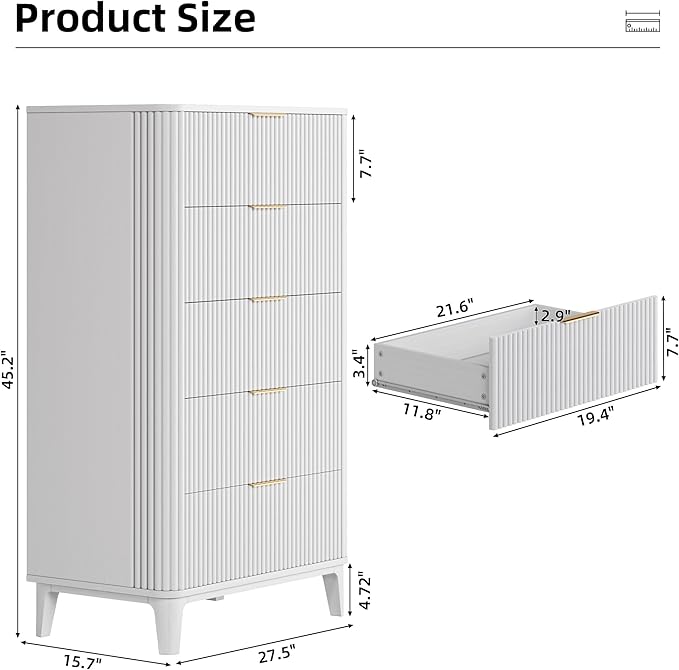 Fluted Dresser for Bedroom with 5 Drawers Set of 2, 45" Large Closet Clothes Wood Tall Dresser Storage Organizer, Mid Century Modern Chest of Drawers with Deep Storage White