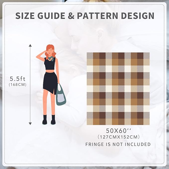 RECYCO Buffalo Paid Chenille Throw Blanket for Couch, Soft Cozy Decorative Buffalo Check Blanket Throw with Tassels for Bed Sofa, Lightweight Chenille Knitted Throw, Plaid Brown Off White, 50'' x 60''