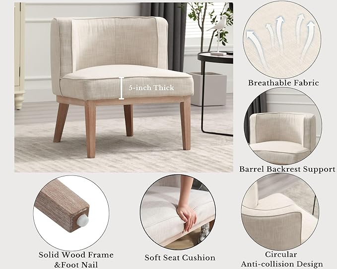 Barrel Chairs Set of 2 Mid Century Modern Accent Chair with Solid Wood Leg Upholstered Reading Arm Chairs Linen Fabric Waiting Room Round Side Chairs for Small Spaces Living Room Bedroom Office, Beige